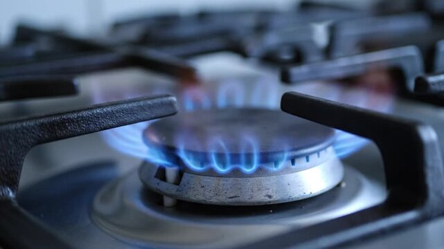 Close-up shot of a burning gas stove burner with blue flames ready to cook food for a meal
