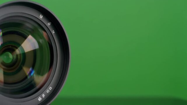 Detailed close up of professional camera lens with reflections on solid green background highlighting optics and design
