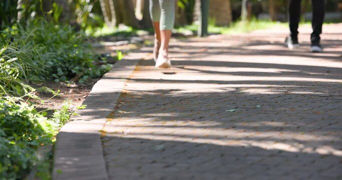 Runner is entering from right, is passing dark-pants walker on shaded brick path to continue route