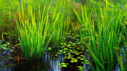 Obraz premium Lush Aquatic Wetland Ecosystem with Vibrant Green Reeds and Lily Pads