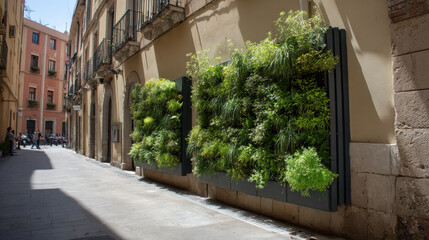 Fototapeta premium Lush Green Vertical Garden Wall Thriving on Building Exterior