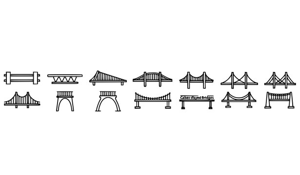Bridge engineering outline icons lineup with beam truss arch suspension cable stayed and viaduct vector set