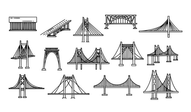 Bridge types monochrome icon collection with thin line beam truss cantilever arch suspension and viaduct