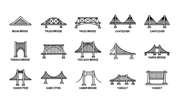 Bridge types thin line icon set with beam truss cantilever suspension and cable stayed structures vector