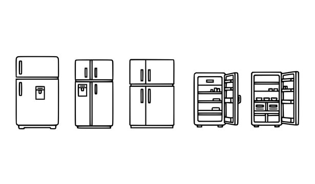 Refrigerator outline icons lineup with single double door and freezer fridge symbols minimal vector set