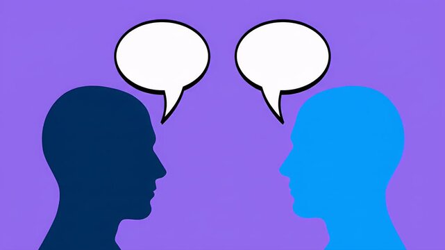 Two Silhouetted Heads Converse With Empty Speech Bubbles Over Purple Background