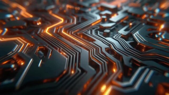 Abstract close up of illuminated electronic circuit board with intricate pathways and glowing orange lines for technology and innovation