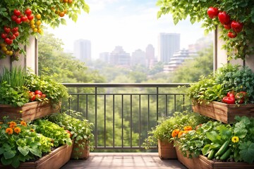 Fototapeta premium Vegetable garden on city apartment balcony. Wooden planter boxes with tomato, cucumber and green herb plants. Organic urban farming and sustainable, copy space, mockup