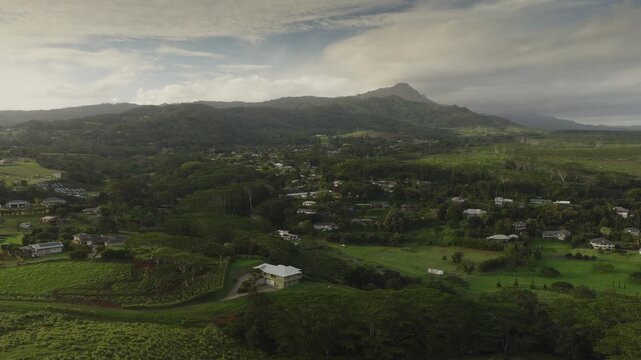An aerial flyover homes and rural country side near Koloa, Kauai, HI