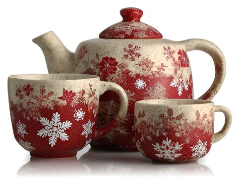 A red and beige teapot with a matching set of two teacups displaying snowflake and floral patterns on a white reflective background surface.