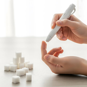 An adult person uses a lancing device on their finger next to a pile of sugar cubes to monitor blood glucose levels. Generative AI