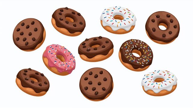 Various Delicious Donuts With Chocolate Frosting And Sprinkles