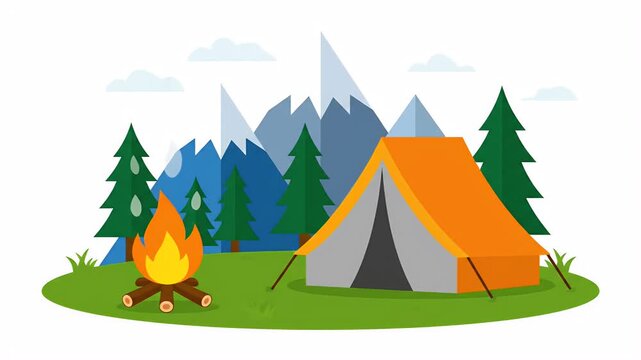 Vector Camping Scene with Tent Fire and Mountains in Flat Design Style