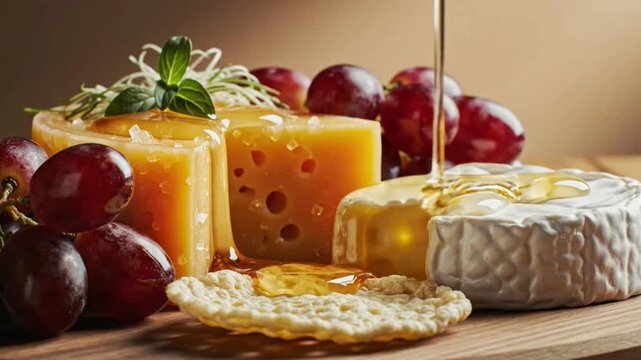 Artisanal Charcuterie Board with Honey Drizzle, Grapes and Crackers