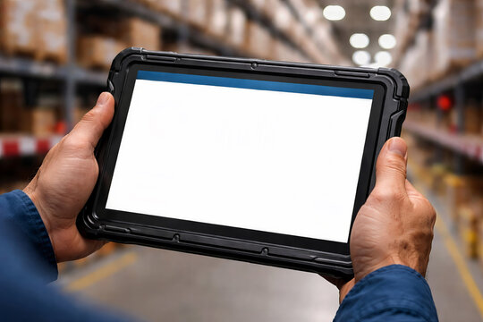 Warehouse worker holding rugged tablet with blank screen in warehouse aisle with shelves and boxes. Mockup copy space for logistics app interface. Concept of inventory management, warehouse workflow