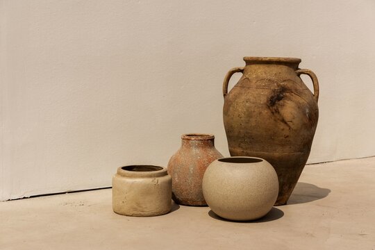 Rustic clay pots on display.