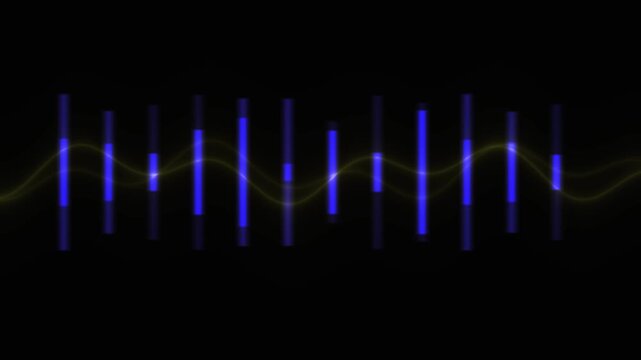 Abstract Sound Waveform Visualization with Blue Bars and Yellow Sine Wave on Black Background.