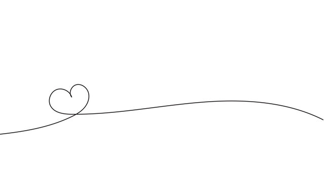 一筆書きのハートの線画。一本の黒い糸がハートを紡ぎながら波打つデザイン。恋心や愛情のシンボル背景。