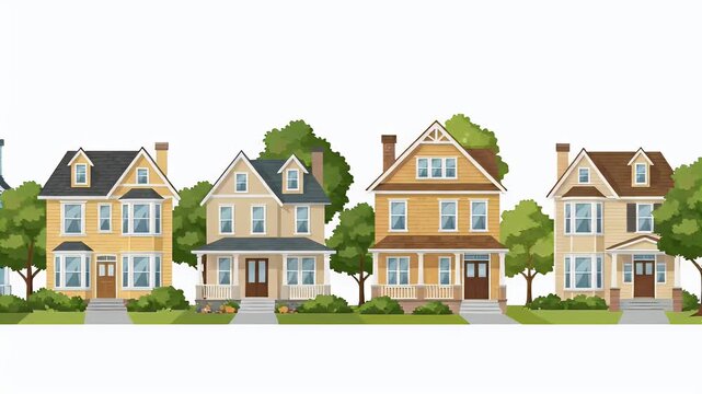 Suburban Neighborhood Scene Residential Houses Green Trees Daytime Animation Loop