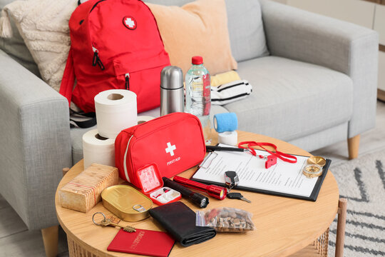 Emergency backpack with necessities on table in living room