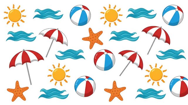 Summer Beach Animation With Sun Balls Umbrellas Starfish And Waves
