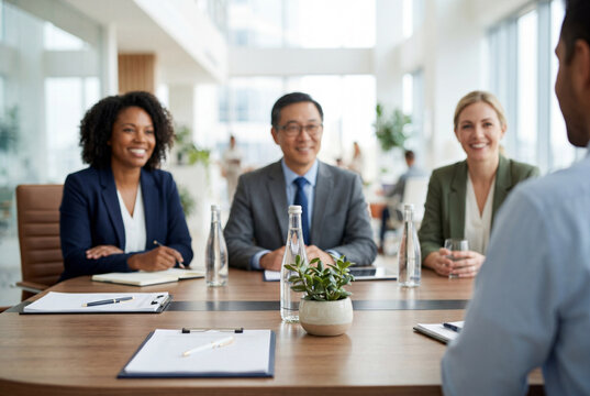 Diverse panel of interviewers smiling at a candidate in office