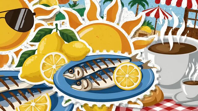Summer Breakfast Fresh Fish Lemons Coffee Sun Beach Icon Style Footage