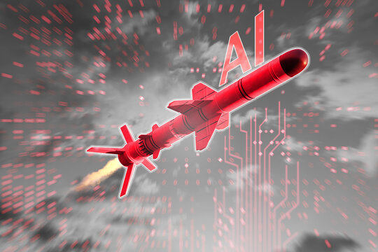 Defense technology, autonomous AI guided missile flies through digital sky symbolizing smart weapon systems, military innovation and algorithmic warfare strategy.