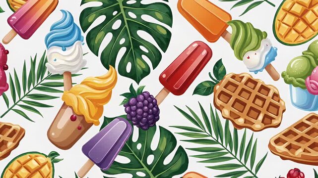 Summer Ice Cream Waffles Pineapple Tropical Leaves Pattern Motion