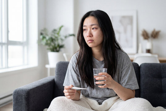 Sick young asian woman with a fever sitting on a sofa measuring her temperature with a thermometer