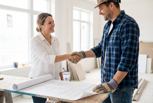 Construction worker shaking hands with a female client after an agreement on a building plan