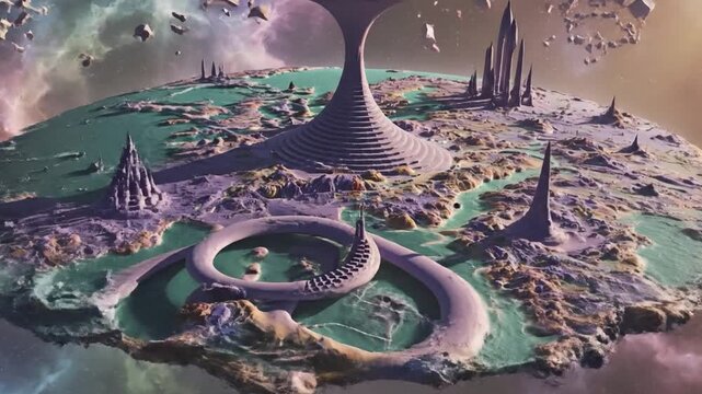 Fantasy planet with floating rocks and structures