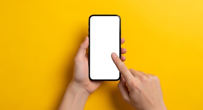 Close-up of a person's hands holding and touching a modern smartphone with a blank white screen, set against a vibrant, solid yellow background, shot from a top-down perspective.