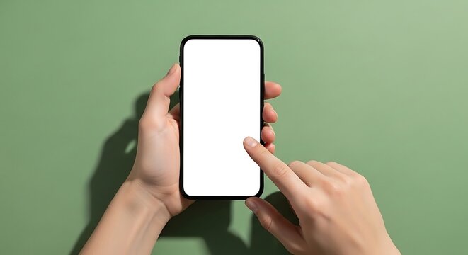 Close-up overhead shot of a person's hands holding a modern smartphone with a blank white screen on a solid green background, casting a distinct shadow.
