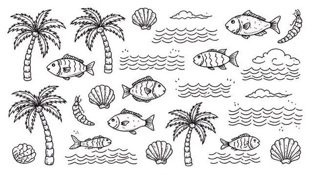 Tropical Palm Trees Fish Ocean Waves Seashells Tropical Summer Beach Scene