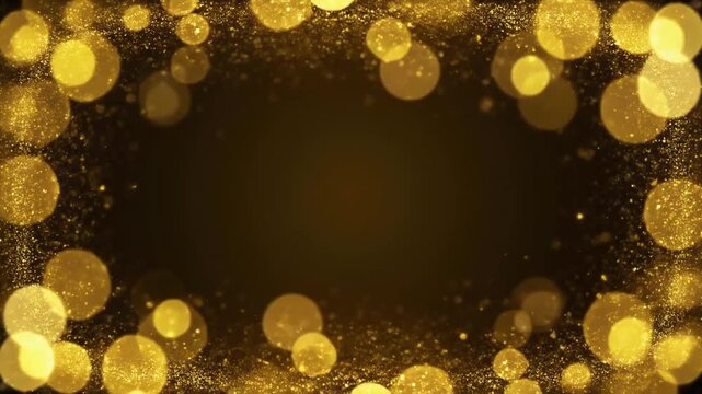 Golden bokeh lights on black background.