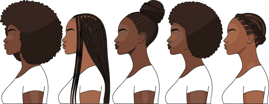 Set of five stylized side-profile illustrations of individuals with diverse textured hairstyles including afro, braids, bun, cornrows, cultural hair design concept for identity and fashion.