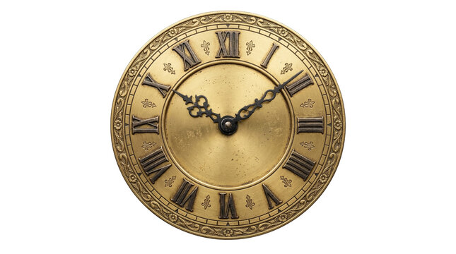 Isolated antique gold clock face with roman numerals on transparent background, showcasing elegant design and intricate details for decorative and design purposes.