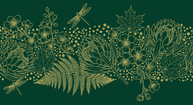 Elegant botanical border illustration with flowers leaves and dragonflies