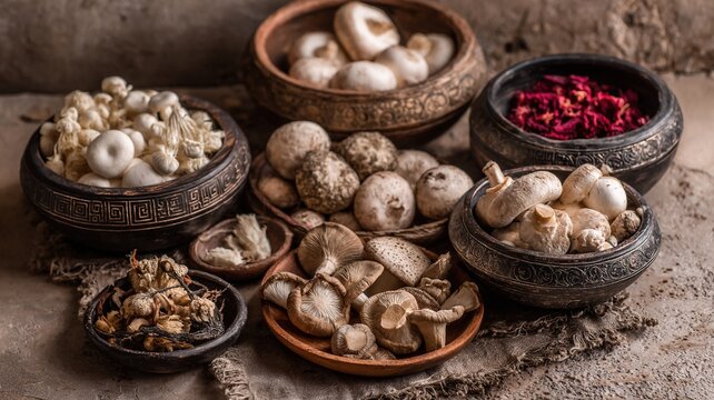 Chinese herbal medicine pyramid small porcelain bowls root powder dried plants mushrooms ginseng black background low-angle symmetrical composition