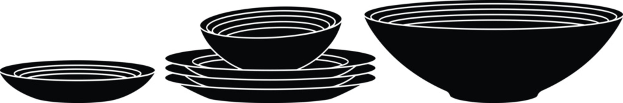 Set of nested bowls and plates in black silhouette with white outlines, kitchenware illustration representing storage, organization, cooking, dining, and household design concepts.