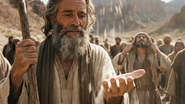 Biblical epic scene of Moses catching falling manna from heaven in the desert, with awe-struck Israelites in the background