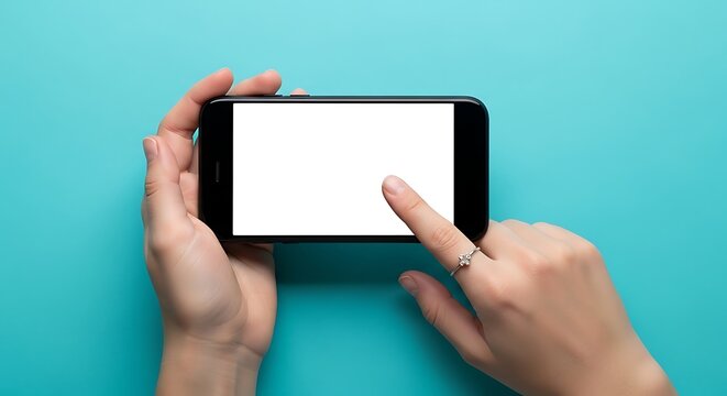 Close-up of female hands holding a black smartphone horizontally with a blank white screen, index finger touching the screen, against a vibrant teal background, minimalist studio shot.