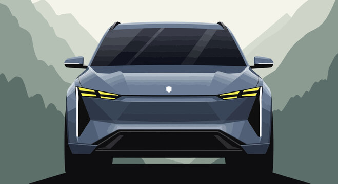 Modern car illustration against a mountain range backdrop vector design