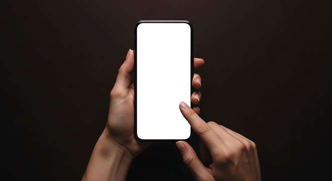 Close-up of elegant hands holding a modern smartphone with a blank, bright white screen, fingers poised to interact, set against a dark, moody backdrop, high-definition studio shot