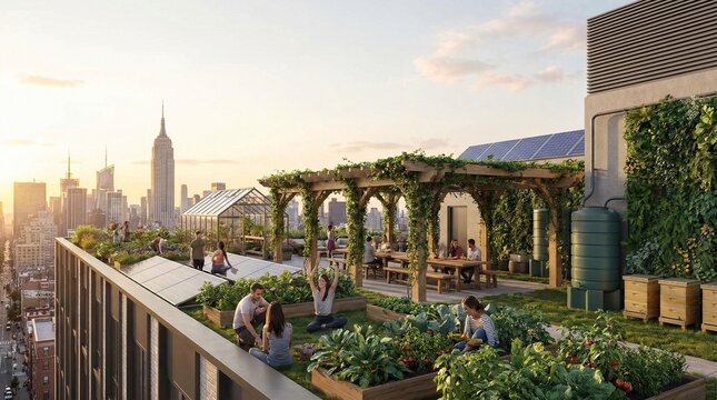 Urban rooftop garden oasis with people enjoying leisure time amidst lush greenery and city skyline at sunset