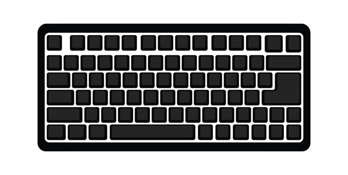 Black outline computer keyboard with blank keys isolated on a transparent background, flat design of keyboard for pc