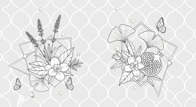 Elegant botanical illustrations featuring flowers butterflies and geometric frames