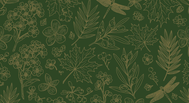 Elegant botanical pattern green and gold leafy design for backgrounds