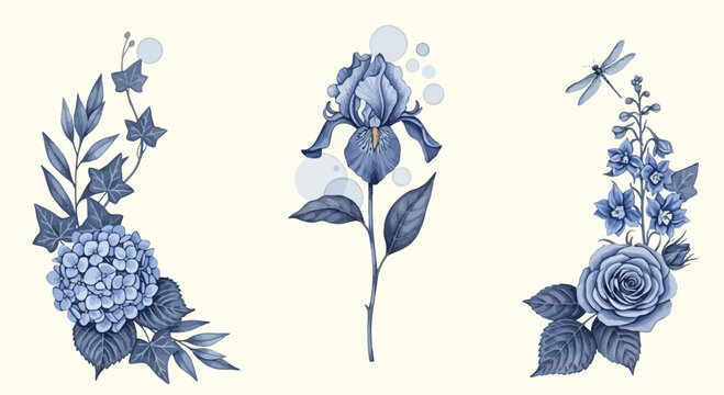 Elegant botanical watercolor illustrations of iris rose and hydrangea in blue